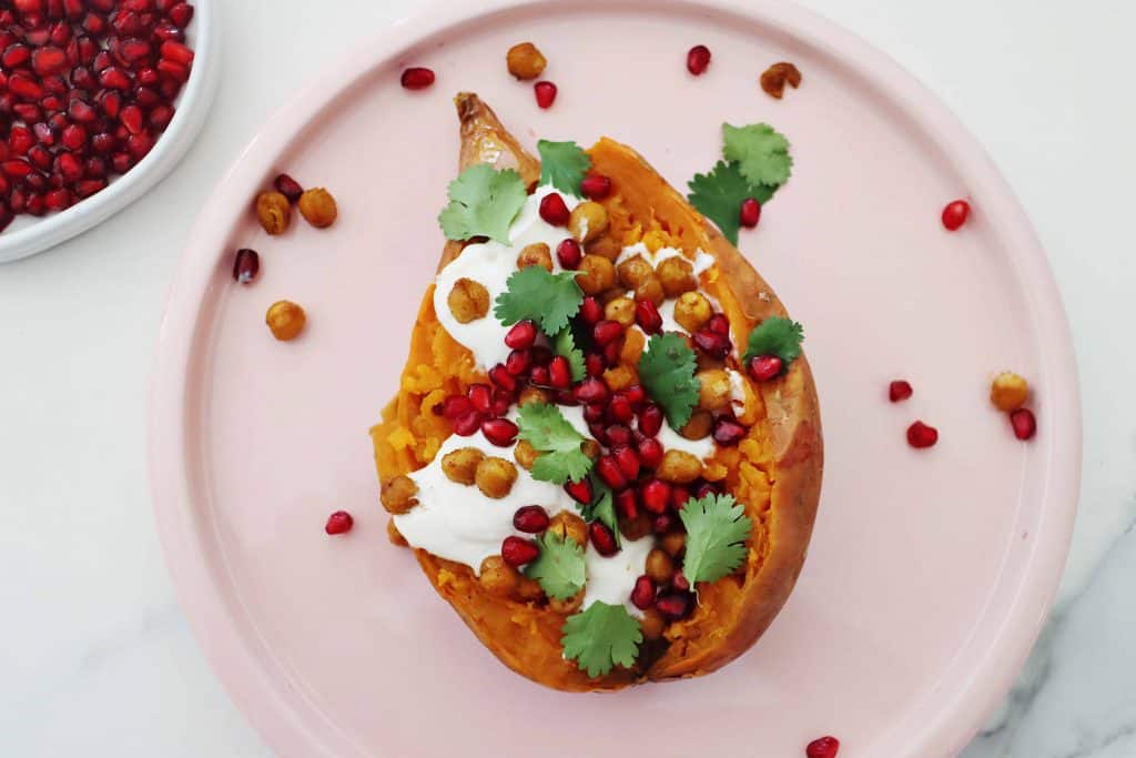 Loaded Sweet Potatoes with Spiced Chickpeas & Tahini Yoghurt