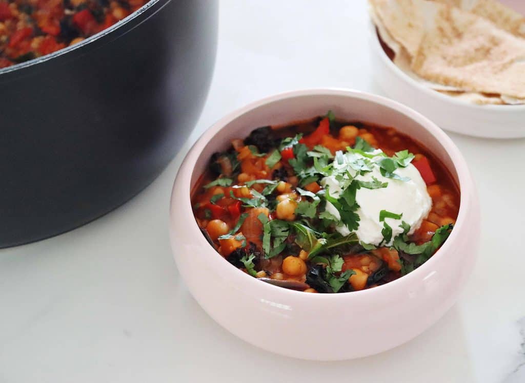 Smoky harissa chickpea & pearl couscous soup